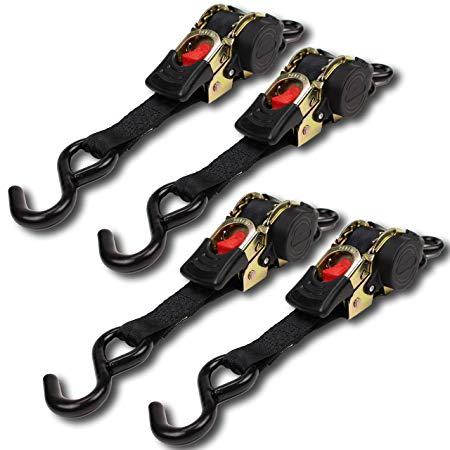 (4 Pack) Retractable Ratchet Straps with Vinyl Coated S-Hooks, 1" x 6' Racheting Tiedowns for Tangle-Free Hauling in Trailers and Pickups by DC Cargo Mall