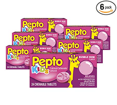Pepto Kid's Bubblegum Flavor Chewable Tablets for Heartburn, Acid Indigestion, Sour Stomach, and Upset Stomach for Children 24 ct (Pack of 6)
