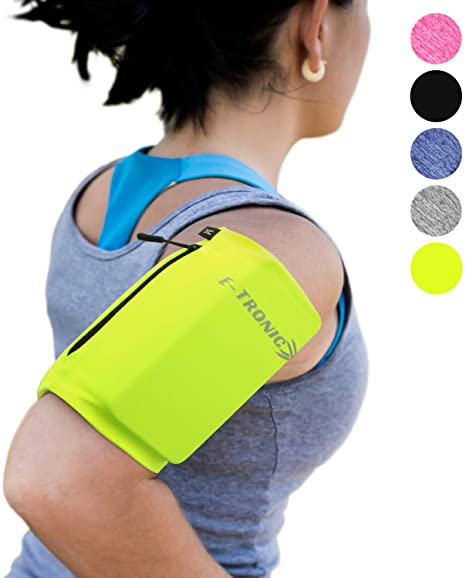 Phone Armband Sleeve: Running & Jogging High Visibility Cellphone Holder in Fluorescent Yellow to be Seen at Night. Reflective Gear & Safety Accessories for Women & Men & Kids. Fits ALL Phones (LARGE)