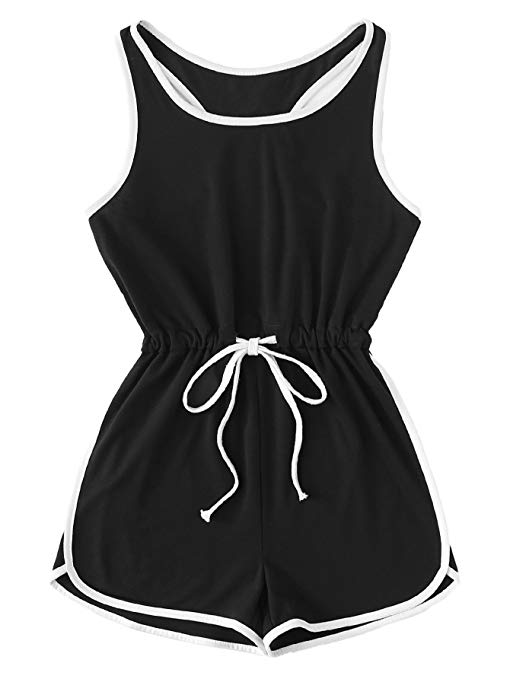 Romwe Women's Summer Casual Sleeveless Drawstring Waist Tank Tops Ringer Short Romper Jumpsuit Outfits