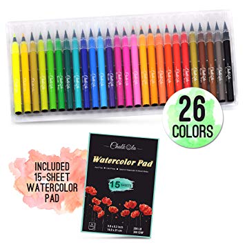 Watercolor Brush Pens | Set of 26 with 15-Sheet Paper Painting Pad | Water Color Paint Markers with Real Flexible Soft Nibs | 100% Non-Toxic | Premium Paint Pens for Kids and Adults by Chalkola