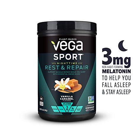 Vega Sport Nighttime Rest & Repair US Vanilla Caramel (15 servings, 14oz) - Vegan Plant-Based Post Workout Fuel with Protein, Melatonin, Magnesium, and Calcium - Non GMO, No Dairy, No Soy, Gluten Free