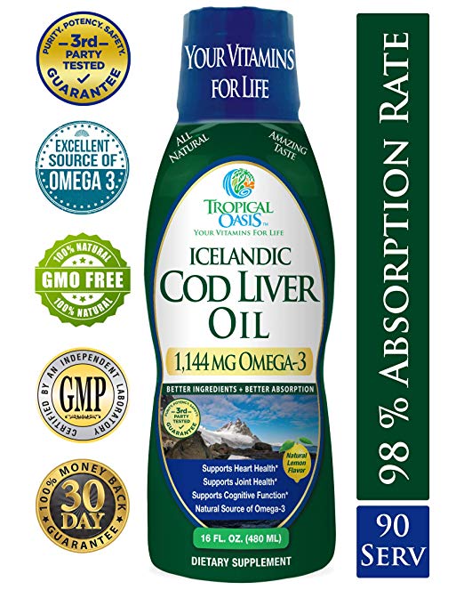 Icelandic Cod Liver Oil | Maximum Strength 1144mg of Liquid Omega 3 Fish Oil | Wild-Caught Natural Omega-3 Fish Oil for Heart, Brain & Joint Health | Lemon Flavor, Non GMO, 3rd Party Tested | 90 Serv