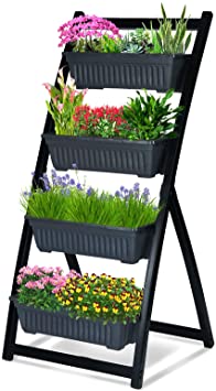 KINGSO 4Ft Vertical Raised Garden Bed 4 Tier Food Safe Planter Boxes with Container Boxes Freestanding Elevated Planters for Patio Flowers Balcony Garden Indoor Outdoor, Black