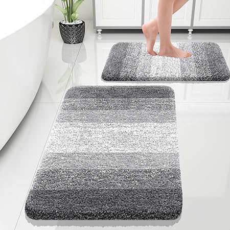 OLANLY Luxury Bathroom Rug Set 2 Piece, Soft Absorbent Microfiber Bath Rug Set, Non-Slip Striped Bath Carpet, Machine Wash Dry, Bath Mats for Bathroom (30"x20" 24"x16", Grey)