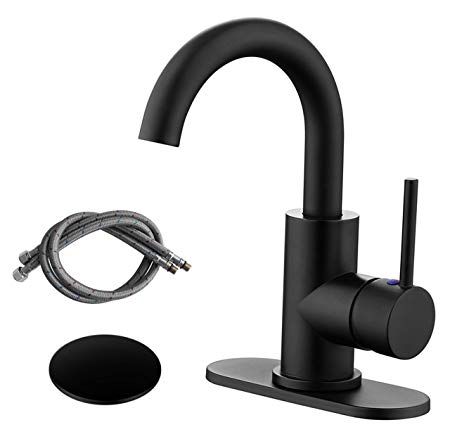 RKF Single-Handle Swivel Spout Bathroom Sink Faucet with Pop-up Drain and Supply Hose,Bar Sink Faucet,Small Kitchen Faucet Tap,Matte Black,BF3501P-MB