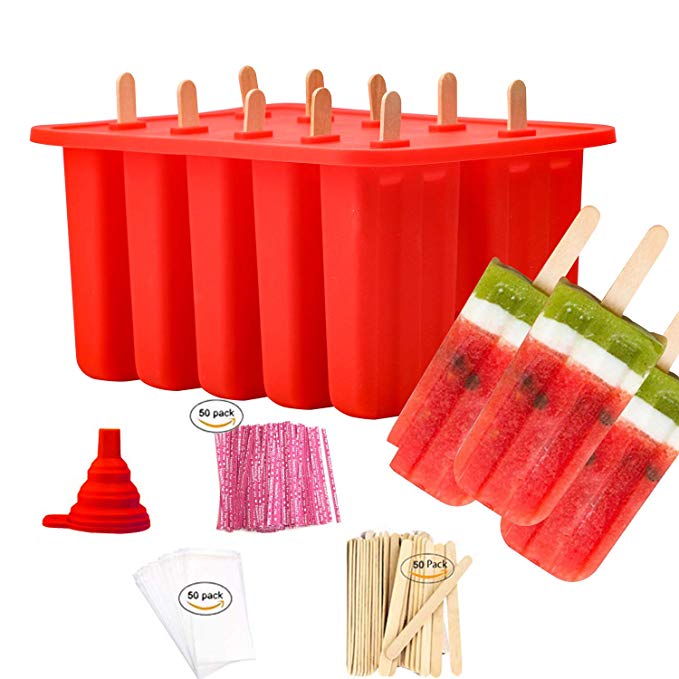 Popsicle Molds Shapes, Food Grade Silicone Frozen Ice Cream Popsicle Maker BPA Free, with 50 Wooden Popsicle Sticks 50 Popsicle Bags Silicone Collapsible Funnel(10 Cavities)