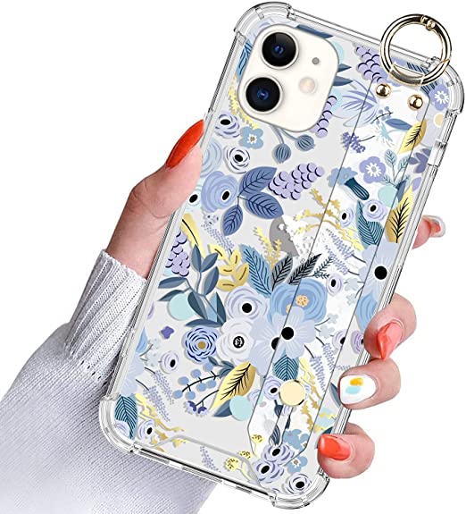 LSL Case Compatible with iPhone 12, iPhone 12 Pro 6.1 Inch 2020 Clear Flower TPU Bumper Hard Cover Shockproof Protective for Women Girls Wrist Strap Kickstand Slim Fit Floral Phone Case Purple Flowers