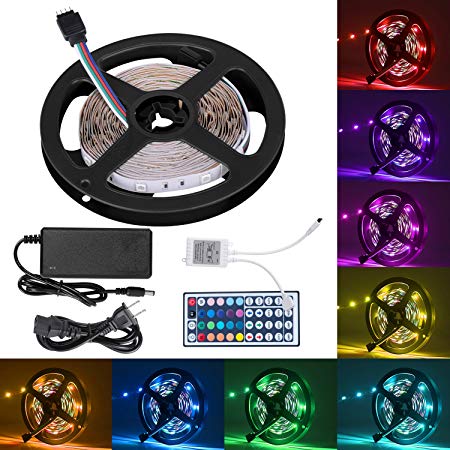 Boomile 16.4ft Flexible LED Light Strip Kit RGB Color Changing 150 Units 5050 LEDs Non-Waterproof DC 12v LED Strip Lights with 44Key Remote Controller and Power Supply for Kitchen Bedroom Car Bar