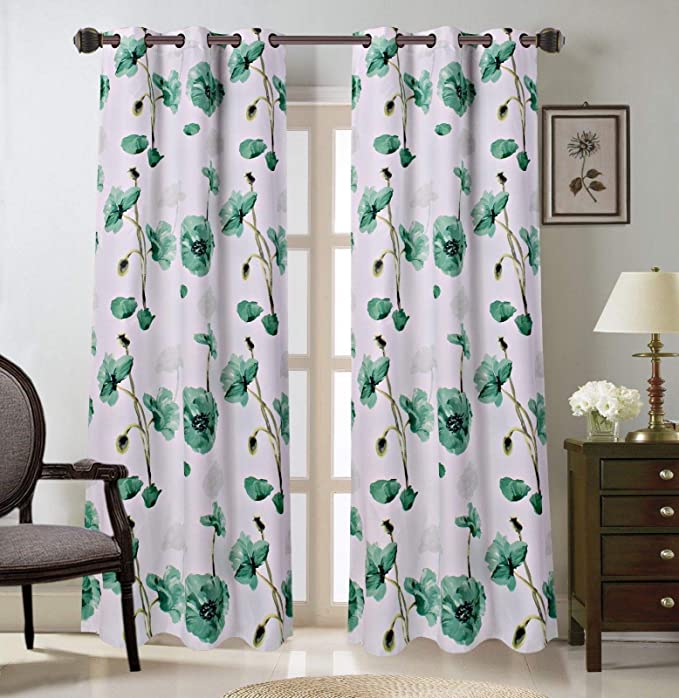 2 Grommet Curtain Panels 37" W x 84" L, Decorative Floral Design Print, Light Filtering Room Darkening Thermal Foam Back Lined Curtain Panels for living/bedroom room and patio door - Multicolor Green