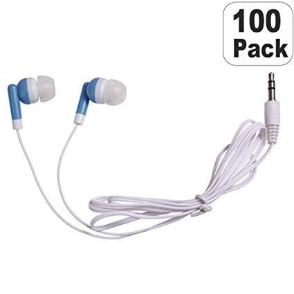 Wholesale Bulk Earbuds Headphones Individually Bagged 100 Pack For Iphone, Android, MP3 Player (Blue)