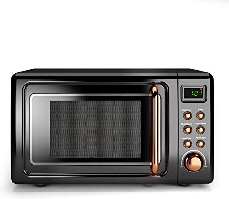 COSTWAY Retro Countertop Microwave Oven, 0.7Cu.ft, 700-Watt, Cold Rolled Steel Plate, 5 Micro Power, Delayed Start Function, with Glass Turntable & Viewing Window, LED Display, Child Lock (Gold)