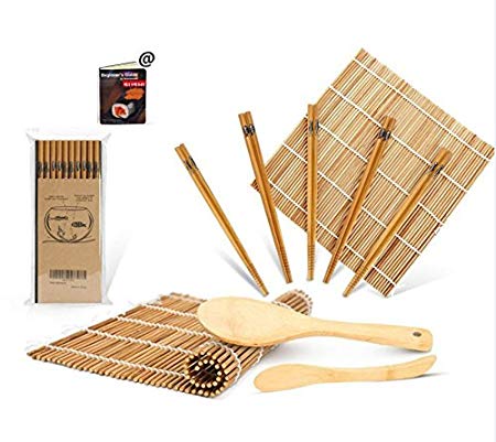 Bamboo Sushi Making Kit, Carbonized Rolling Mat for Mold-Resistant, Included 2 Rolling Mats - 5 Pairs Chopsticks - Paddle - Spreader - Beginner's Guide (PDF), Roll on! Beginner Sushi Kit