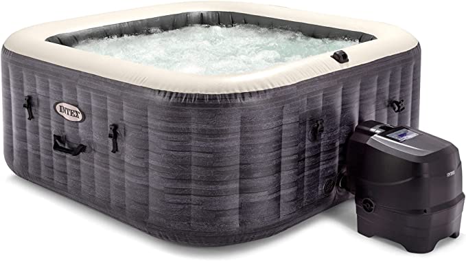 Intex 28449EP PureSpa Plus 4 Person Portable Inflatable Square Hot Tub Spa with 170 Bubble Jets and Built in Heater Pump, Greystone