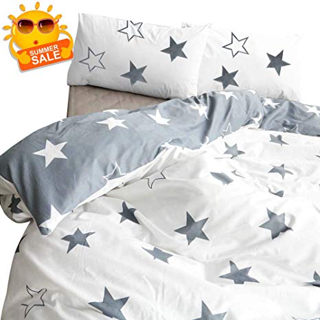 BuLuTu Five-Pointed Stars King Duvet Cover Grey White Cotton,Reversible Men Women Bed Bedding Cover with 2 Pillowcases,Hotel Quality King Duvet Cover for Kids Adults,No Comforter