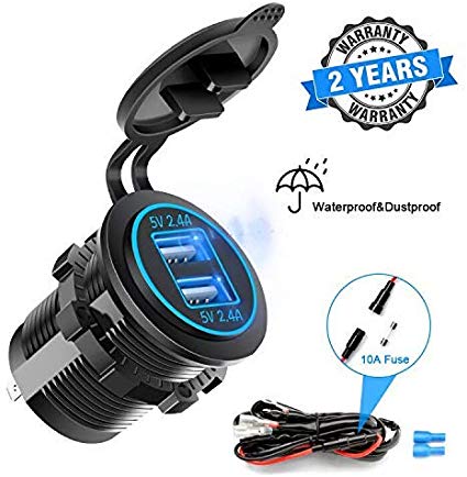 Dual USB Fast Charger Socket, Waterproof Power Outlet 4.8A with LED Voltmeter Wire Build In 10A Fuse DIY Kit for 12V/24V Marine Boat Golf Cart Truck Motorcycle More, Blue LED Display