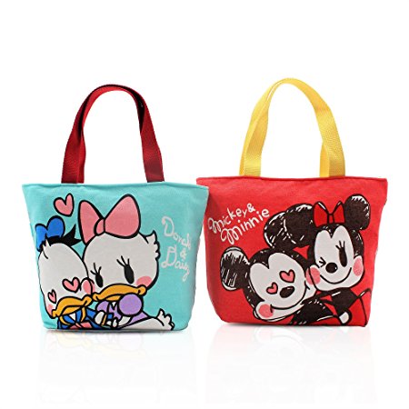 Finex Set of 2 Mickey Minnie Mouse Donald Daisy Duck Canvas Zippered Tote Handbag set Love Sweet Couple Hand Bags with carry handles - Lunch Box Bag Gym Tote