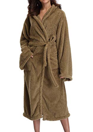 1stmall Fleece Robe, Long Hooded Bathrobe for Women's with Soft Velvet Bathrobe