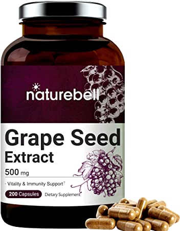 NatureBell Grape Seed Extract 500mg, 200 Capsules, Natural Antioxidant for Heart, Skin, Nails and Vascular System, Boost Immune System, No GMOs