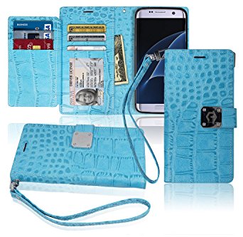 S7 Edge Wallet Case, Matt [ 8 Pockets ] 7 ID / Credit Card 1 Cash Slot, Power Magnetic Clip With Wrist Strap For Samsung Galaxy S 7 Edge Leather Cover Flip Diary (Sky Blue)