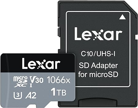 Lexar Professional 1066x 1TB microSDXC UHS-I Card w/SD Adapter, C10, U3, V30, A2, Full HD, 4K UHD, Up to 160MB/s Read, for Action Cameras, Drones, Smartphones, Tablets (LMS1066001T-BNANU)