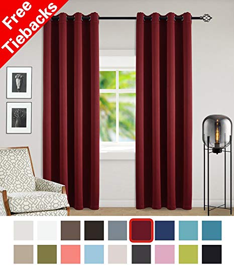 Yakamok 1 Pair Thermal Insulated Grommet 52-Inch-by-84-Inch Blackout Window Curtains with 2 Tie Backs, Burgundy red