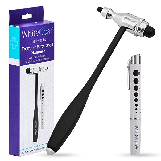 White Coat Lightweight Tromner Percussion Reflex Hammer with Built-in Brush–LED Pen Light Pupil Gauge for Nurses, EMS, Medical Students, Emergency Room