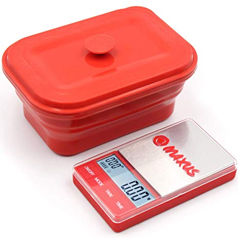 Precision Digital Scale 200g x 0.01g   Built-in Timer   Collapsible Silicone Bowl with Silicone Lid 600ML - MAXUS MATE 200 Portable Pocket Scale 7oz x 0.001oz Red