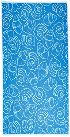 Arus Jacquard Woven Turkish Terry Cotton Beach Towel, Shells, Blue, 28x55