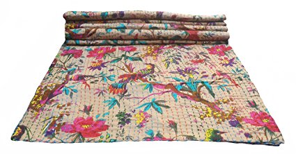 Bird Print Twin Size Kantha Quilt Beige, Kantha Blanket, Bed Cover, Twin Kantha bedspread, Bohemian Bedding Kantha Size 60 Inch x 90 Inch