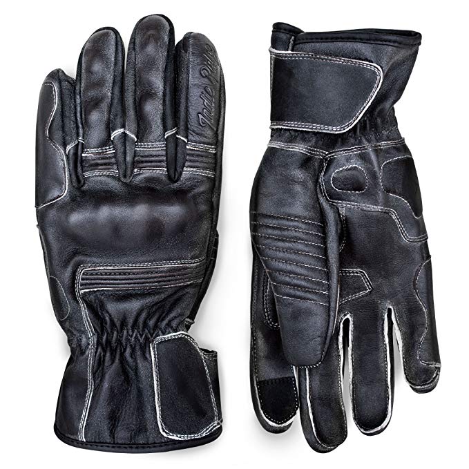 Pre-Weathered Premium Leather Motorcycle Gloves (Black) Cool, Comfortable Riding Protection, Cafe Racer, Full Gauntlet (Large)