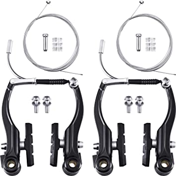 2 Pairs Bike Brakes Set Universal Bike Brakes Mountain Bike Replacement for Most Bicycle and 2 Pieces Mountain Bike Brake Cables Bike Gear Shift Cable Wire, End Caps, End Ferrules