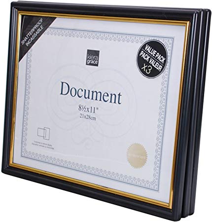 kieragrace 3 Pack Accent Document Frame with Plexi Sheet, 8.5 by 11", Black with Gold Trim