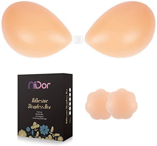 Niidor Adhesive Bra Strapless Sticky Invisible Push Up Bra Silicone Nipple Covers for Backless Dress