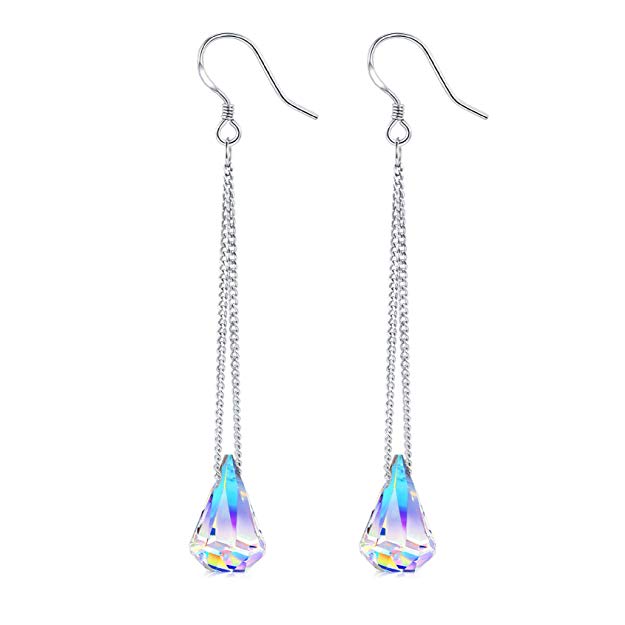 DESIMTION Sterling Silver Drop Dangle Earrings, Color Change Aurora Borealis Raindrop Crystal From Swarovski