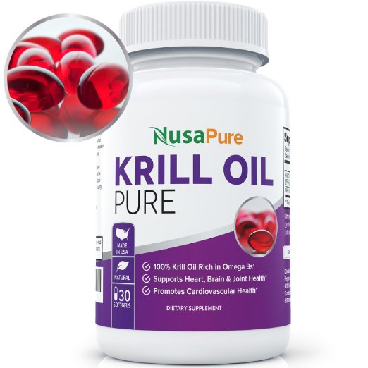Pure Krill Oil: Omega 3 Fish Oil : Highest Potency of EPA DHA Sourced from Antarctica: 750mg 30 SoftGels from NusaPure