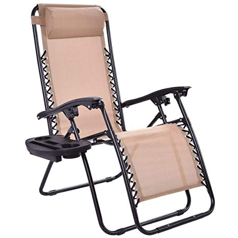 Goplus Folding Zero Gravity Reclining Lounge Chairs Outdoor Beach Patio W/Utility Tray (Beige)