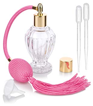 Perfume Empty Refillable Glass Vintage Bottle with Antique Pink Bulb Sprayer with Tassel 1.64 oz with funnel and pipettes