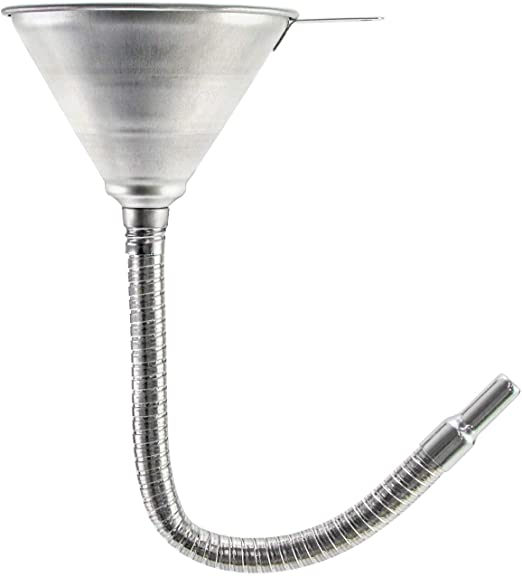 QWORK Spout Funnel with 14-9/16" Long Flexible Hose and Strainer, Steel Universal Priming Funnel for All Oils,Diesel Fuel and Other Liquids