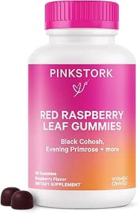 Pink Stork Red Raspberry Leaf Gummies - Third Trimester Labor Prep   Postpartum Mood Essentials with Evening Primrose Oil   Black Cohosh - 60 Vegan Gummy Supplements, Non-GMO