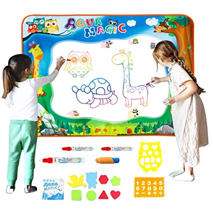 Mini Tudou Large Aqua Doodle Drawing Mat 40" X 28" in 7 Colors with 4 Magic Pens, Mess Free Aqua Water Travel Toys for Boy Girl Toddlers Age 3- 12