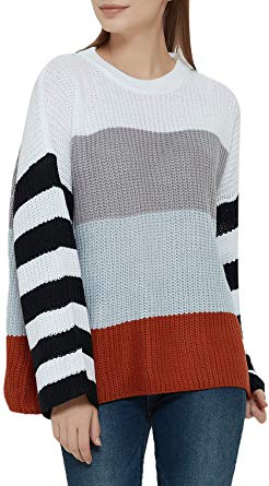 JOKHOO Women's Casual Crew Neck Color Block Knit Pullover Sweater Long Sleeve Jumper Tops