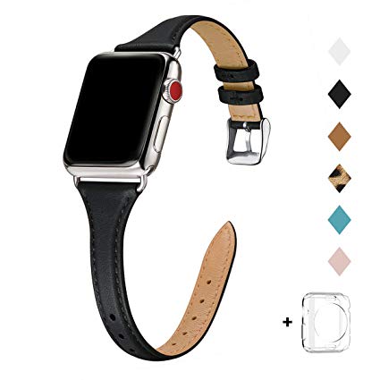 Bestig Leather Band Compatible for Apple Watch 38mm 40mm 42mm 44mm, Slim Thin Genuine Leather Replacement Strap for iWatch Series 5/4/3/2/1 (Black Band Silver Adapter, 38mm 40mm)