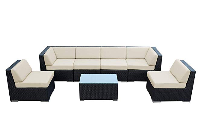 Ohana Outdoor Patio Furniture Sectional Wicker 7pc Sofa Set with Beige Cover (BG)- No Assembly with Free Patio Cover