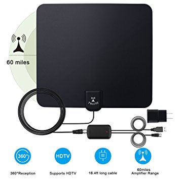 Amplified Indoor HDTV Antenna 50-60 Miles Range,Up to 70 Free Channels,Detachable Amplifier Long Range Indoor TV Antenna,16.4ft Long Coaxial Cable, 1080P High Performance