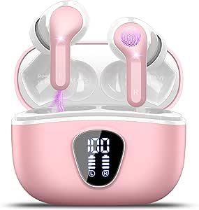 Wireless Earbuds Bluetooth 5.3 Headphones, 40H Playback HiFi Stereo Ear Buds with LED Display, ENC Noise Cancelling Earbuds, IP7 Waterproof in-Ear Earphone for iOS Andriod Sport/Workout/Running/Pink