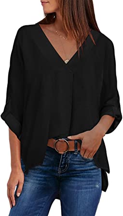 Dokotoo Womens 3 4 Bell Sleeve/Short Sleeve V Neck Chiffon Tops Casual Solid Tops and Blouses Loose Shirts S-XXL