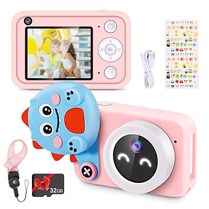 RenFox Kids Camera - 16MP Digital Selfie Camera Toys Gifts for 3-12 Yeas Old Girls Boys, Rechargeable Shockproof 1080P Video Recorder Camcorder with 2.4" LCD Screen, 32GB SD Card & Lens Cover, Pink