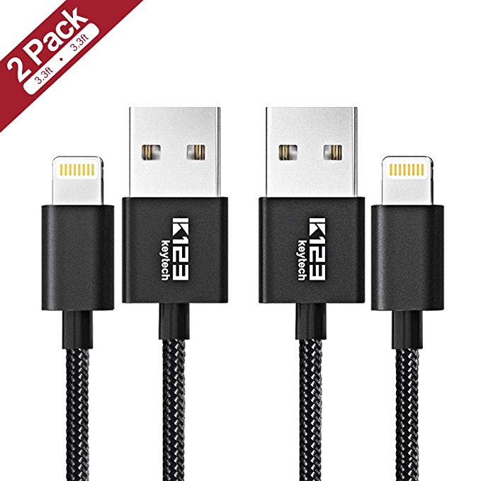 iPhone Charger Lightning Cable Apple MFi Certified, K123 Keytech 3ft/2Pack Nylon Braided USB Syncing & Charging Cord for iPhone Xs/Xs Max/XR/X/8/8 Plus/7/7 Plus/6/6 Plus/5, iPad, iPod & More - Black