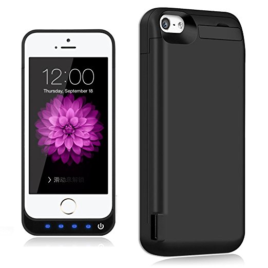 iPhone 5 / 5S / 5C / SE Battery Case,TQTHL Update [4800mAh] External Battery Backup Protective Charger Case for iPhone 5 / 5S / 5C / SE (Built-in USB Output Power Bank) LED Indicator Light - Black